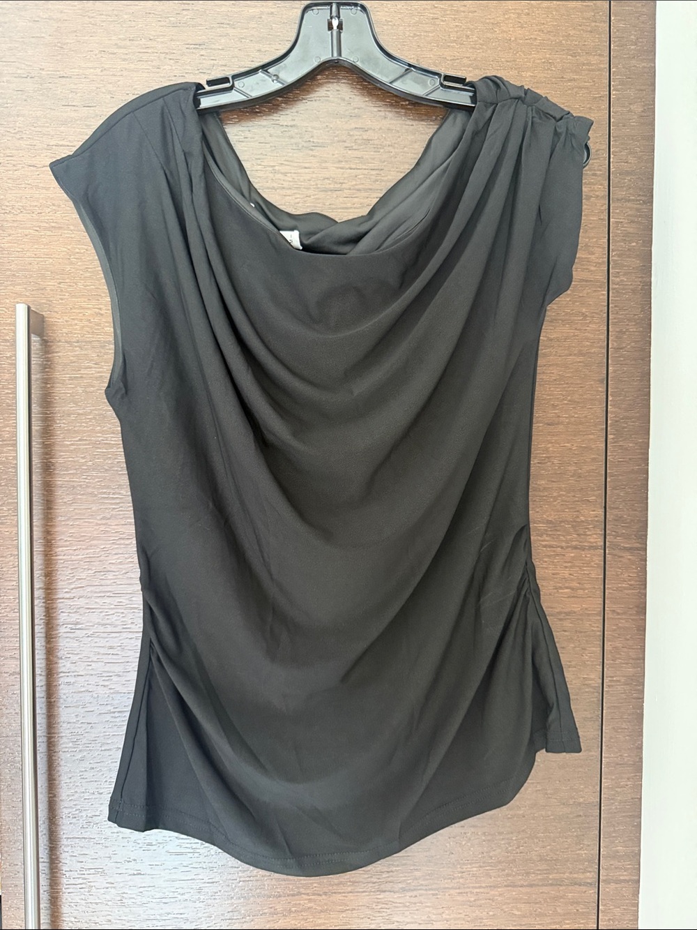 Black Draped Cowl Neck Cap-Sleeve Blouse